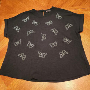 Women's Volume One Black Silver Butterfly Short Sleeve Tee XL